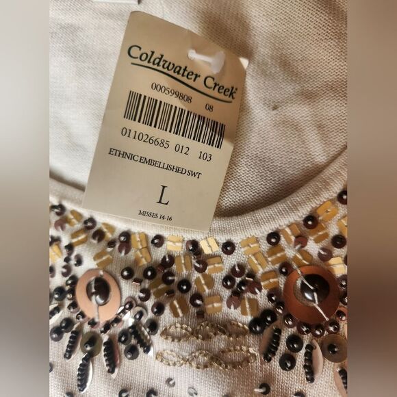 NWT Coldwater Creek L Cream SILK Blend Embroidered Beaded Slvless Knit Women Top - Picture 8 of 10